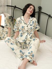 女式花卉印花翻领口袋短袖和长裤睡衣套装 - 彩色 - 查看 2