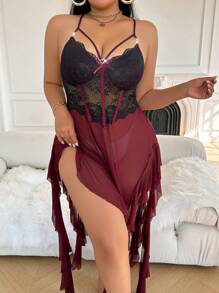 Plus Size Two-Tone Lace Ruffle Patchwork Side High Slit Nightgown
