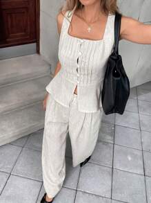 SHEIN Essnce Summer Women's Linen Suit Solid Color Minimalist Style Elegant Casual Commuter Suit Female - Apricot - View 6