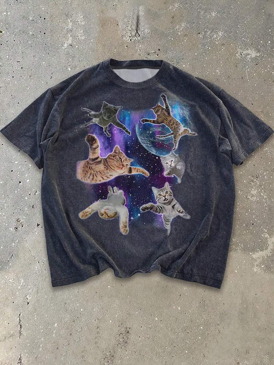 Manfinity Dauomo Heren Casual Kattenprint Ronde Hals Korte Mouw T-shirt