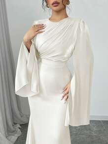 Rafferiza Women's Elegant Gathered Waist Fishtail Hem Cocktail Dress With Flare Sleeves, Shiny Fabric, Autumn/Winter Maxi Women Outfit Fall Cloth For Women - Apricot - View 3