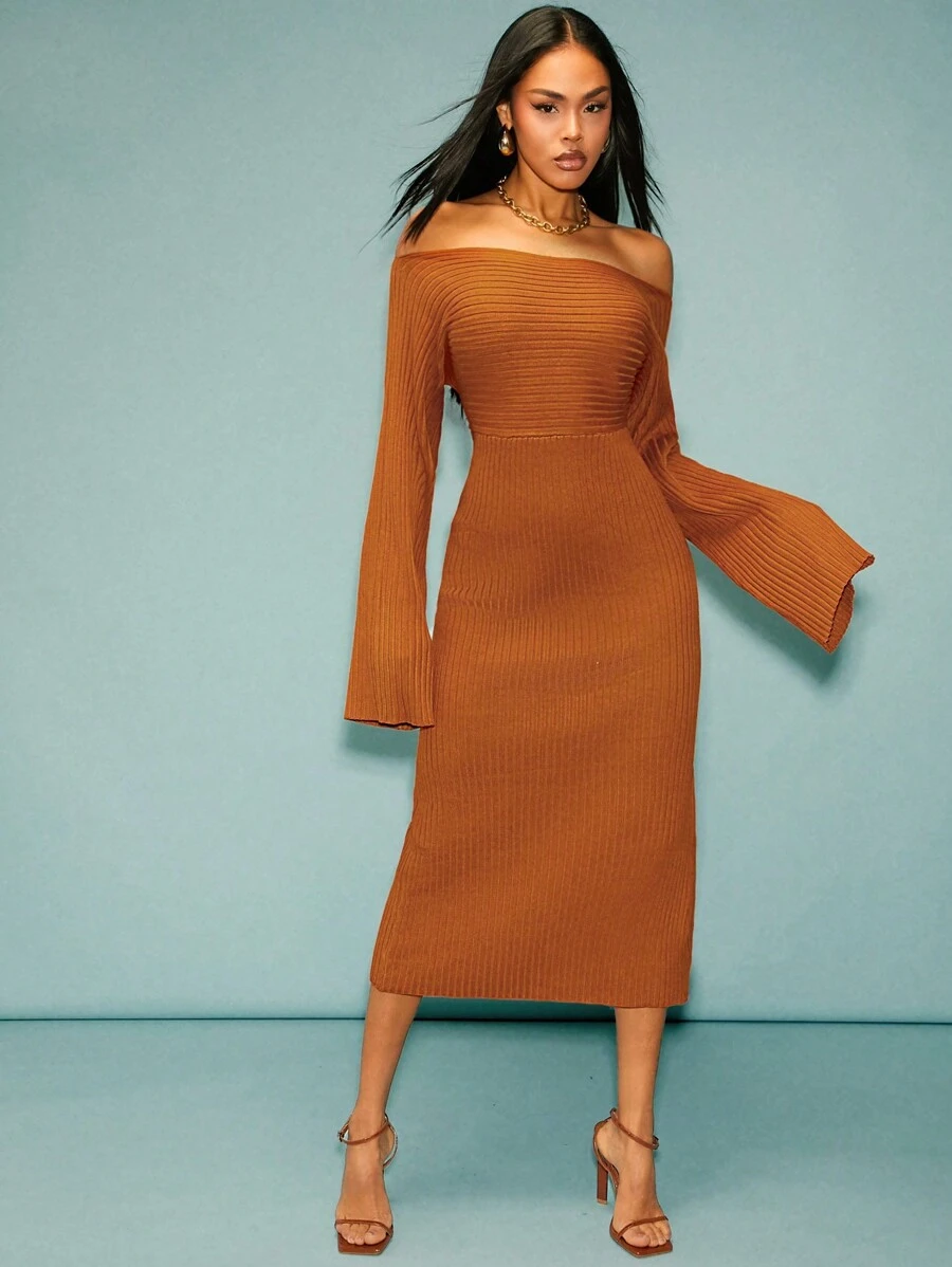 Denimoi Off Shoulder Flare Sleeve Bodycon Sweater Dress - Coral Orange - View 1