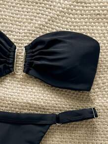 Swim Chiccia Spring Break Women's Solid Color Bandeau Metal Decor Top And Thong Bikini 2 Pieces Set For Summer Beach Vacation - Black - View 4
