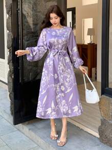 DAZY 女士全花卉印花中式领中长连衣裙，秋季连衣裙 - 紫色 - 查看 4