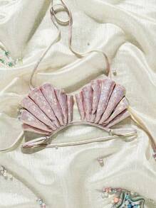 Swim Mod 女士春假性感贝壳形金箔面料比基尼上衣，海滩度假 - 粉色 - 查看 5