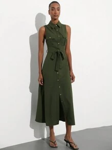 Aveloria Modichic 女式优质工作风格连衣裙，有领，双口袋，金属纽扣开合，自系腰带，无袖，超长款 - 軍綠色 - 查看 6