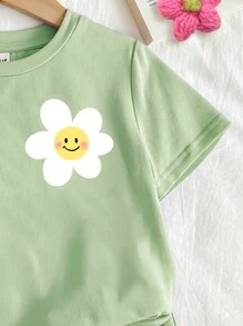 SHEIN Leap Crew 青少年女孩 2 件套休闲短裤和短袖上衣套装，适合夏季 - 綠色 - 查看 4