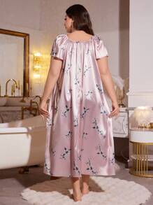 MuseNap CURVE Plus Size Floral Print Lace-Up Long Faux Silk Dress, Moo Moo Sleep Dress - Pink - View 2