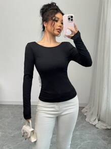 Selianne 露背3D花朵装饰T恤，简约休闲风格适合日常穿着 - 黑色 - 查看 3