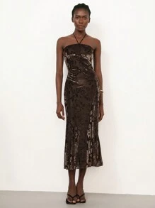 SHEIN Privé Women's Vintage Flocking Jacquard Textured Fabric Stand Collar Halter Bodycon Dress - Chocolate Brown - View 7