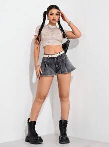SHEIN EZwear 女士休闲洗水做旧牛仔短裤 - 灰色 - 查看 7