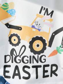 SHEIN Conjunto de 2 piezas para niños pequeños con parte superior de manga corta con estampado de conejo y excavadora y pantalones vaqueros de mezclilla, adecuado para actividades al aire libre, vacaciones de Pascua, sesión de fotos, primavera/verano - Blanco - Ver 4