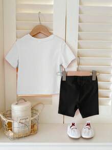 SHEIN Baby Girl Casual Minimalist Short Sleeve Outfit Set, Suitable For Spring/Summer - Multicolor - View 2