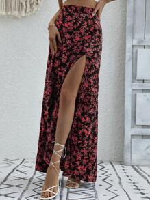 Breezaya Váy Maxi xẻ đùi họa tiết hoa nhỏ xinh cho nữ - màu đen - Xem 6