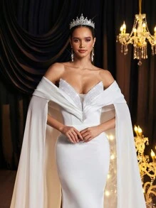 Glamrae Elegante y lujoso vestido largo de cola de pez con escote en V profundo y perlas en color blanco, vestido largo moldeador adecuado para bodas, fiestas y ocasiones formales