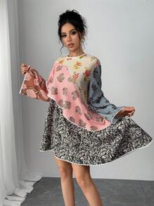 Chiquease Women's Contrast Color Block Printed Bell Sleeve Short Dress