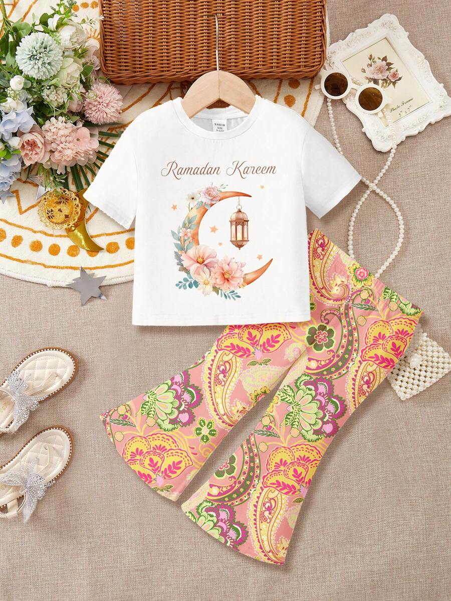 SHEIN Leap Crew Baby Girl Casual Elegant Ramadan Moon & Flower Pattern Short Sleeve Round Neck T-Shirt And Flare Pants Suit, Suitable For Spring/Summer - Multicolor - View 1