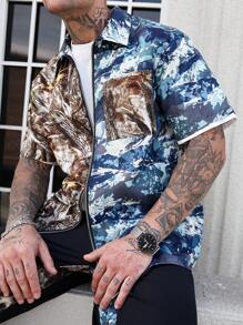 Manfinity LEGND Conjunto de camisa de manga corta y pantalones con estampado de camuflaje y color de contraste para hombre