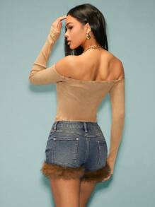 Denimoi Quần Short Denim Mini Sexy Có Viền Lông Mịn - Rửa trung bình - Xem 3