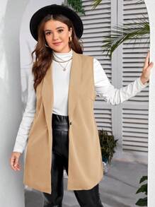 SHEIN Clasi Plus Size Casual Solid Color Shawl Collar Vest - Apricot - View 4