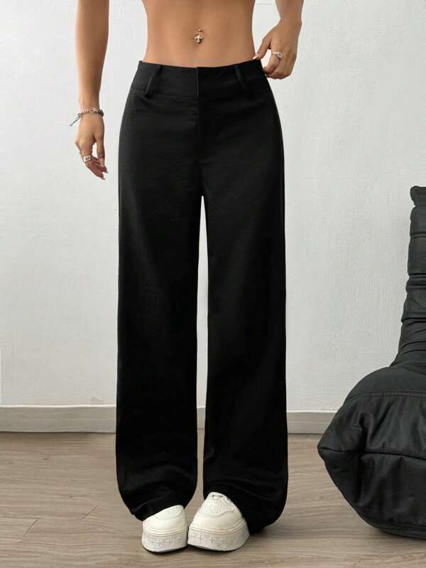 StreetHx Calças femininas casuais de cor sólida pretas com cintura baixa e perna reta