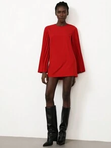 SHEIN Privé 红色情人节派对奢华圆领主教袖褶皱设计短款女士连衣裙 - 紅色 - 查看 4