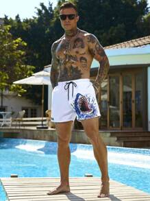 Surfspeed Men's Shark Print Drawstring Waist Beach Shorts Men Swim Trunks - Multicolor - View 7