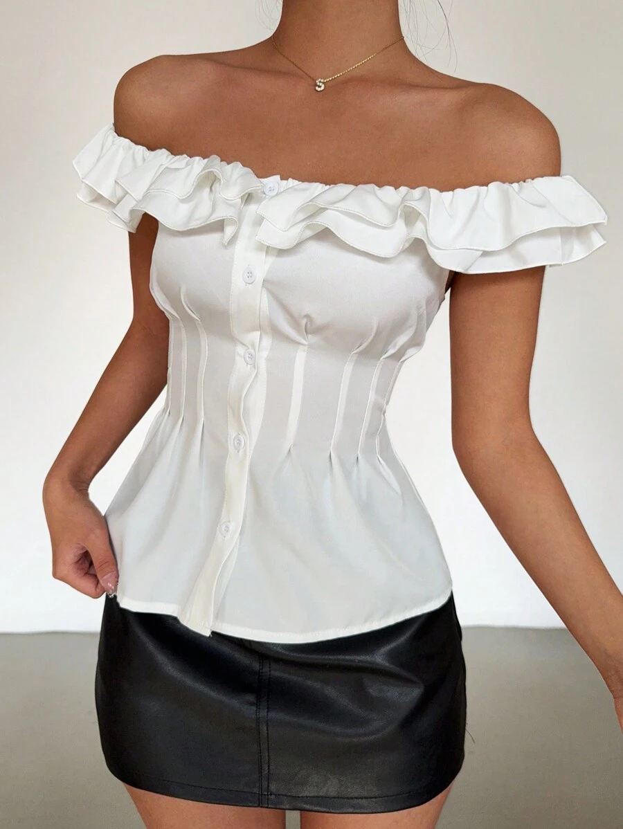 Chiquease Women's Off-Shoulder Ruffle Waist Casual Blouse - White - View 1
