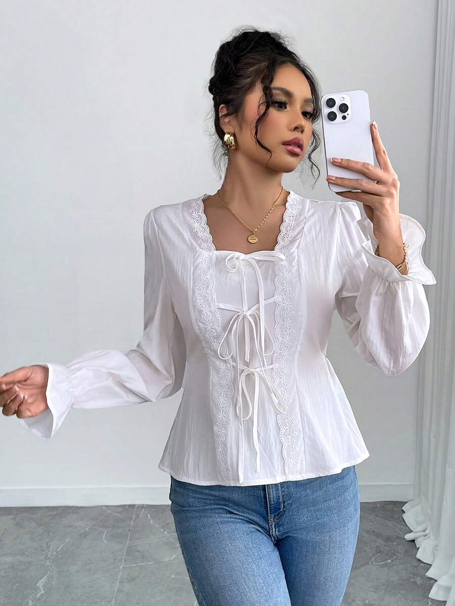 Chiquease Women's Solid Color Embroidered Ruffled Front Tie Long Sleeve Elegant Blouse - White - View 1