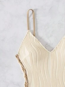 Textured Wavy Pattern Sexy Side Tie Strap One-Piece Swimsuit For Women, Beachwear Vacation Swimwear For Summer Beach Vacation - Beige - View 7