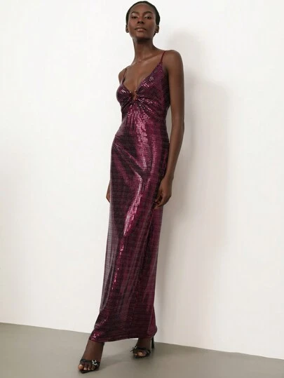 Aveloria Modichic Vestido de noche refinado y sexy con detalles de anillo metálico hueco, escote en V profundo, tirantes finos, artesanía única, lentejuelas brillantes, vestido de fiesta ajustado hasta el piso