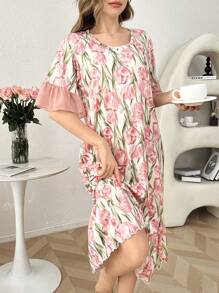 CottageSlumber Contrast Color Block Ruffle Hem Short Sleeve Floral Print Maxi Nightgown Babydoll Perfect Summer, Moo Moo - Multicolor - View 2