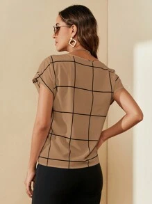 SHEIN Clasi Áo sơ mi kẻ caro tay ngắn thường ngày, tối giản và thời trang cho hàng ngày - Màu Khaki - Xem 2