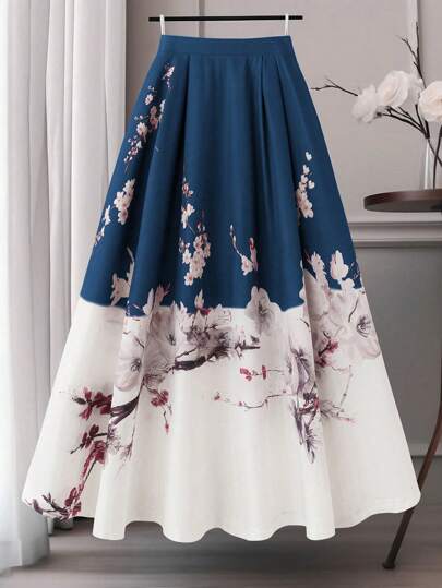 SHEIN Clasi Plus Size Women's Chinese Style Contrast Color Ditsy Floral Asymmetric Skirt Fall Cloth For Women