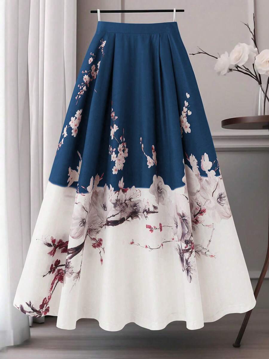 SHEIN Clasi 大码女式中国风撞色碎花不对称半身裙 - 藏蓝色 - 查看 1