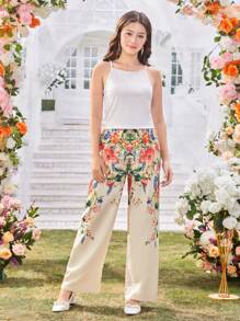 3 件套青少年女孩休闲套装：翻领开衫印花衬衫、修身短款吊带背心、印花阔腿裤，适合春夏、假日、夏季、旅行 - 彩色 - 查看 5