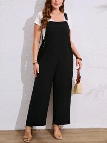 SHEIN LUNE Plus Size Women Casual Everyday Suspender Button Jumpsuit, Spring/Summer - Black - View 4