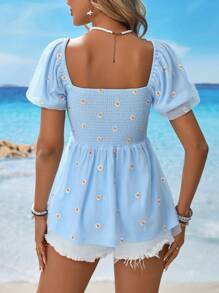 Breezaya 女士花卉刺绣褶皱泡泡袖网眼衬衫，度假装