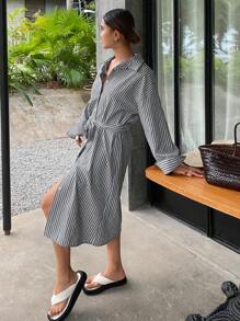 DAZY Váy sơ mi kẻ sọc rộng, dài vừa phải cho nữ, Váy thường ngày cho nữ, Váy mùa thu - Màu xanh lam - Xem 3