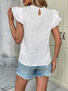 Chiquease Camisa feminina elegante de férias com manga curta e bordado branco, verão - Branco - Ver 2