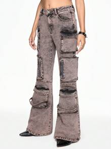 ROMWE Grunge Punk Distressed Washed Denim Flare Leg Pants, Dystopian Punk Street Style - Purple - View 2