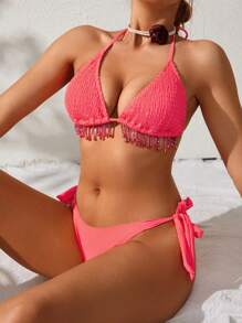 SHEIN Swim Conjunto de bikini rosa para mujer con adornos de flecos, ropa de playa y vacaciones de verano