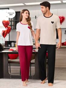 Ribbed Soft Skin-Friendly Heart Embroidered Contrast Color Casual Pajama Set For Men - Apricot - View 2