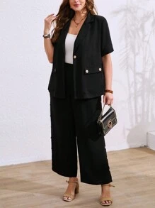 SHEIN LUNE Conjunto informal y cómodo de 2 piezas con decoración de botones para tallas grandes - Negro - Ver 3