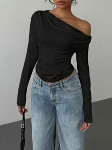 Siren Gaze Autumn Solid Color Asymmetrical Neck Lace Splicing Cowl Collar Long-Sleeved Women's T-Shirt Lace Long-Sleeved T-Shirt For Women Casual Holiday Women New Years Y2k Top Winter Black Spring - Black - View 4