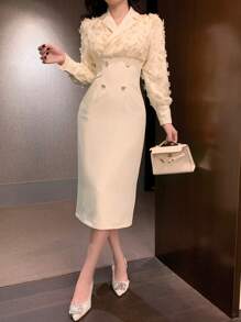 DAZY Cream Autumn Elegent Party Elegant Textured Patchwork Lapel Mid-Calf Dress For Women,Suitable For Spring,Dates,Night Out Prom Long Sleeve Maxi Dress - White - View 5