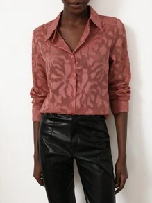 SHEIN Privé 不带胸罩的纽扣透明衬衫优雅商务休闲女士纽扣衬衫女士 - 藕粉色 - 查看 6