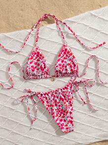 2 pièces Ensemble de bikini sexy et mignon pour femmes, imprimé floral, triangle, bretelles, dos nu, pour l'été et les vacances à la plage