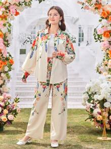 3 件套青少年女孩休闲套装：翻领开衫印花衬衫、修身短款吊带背心、印花阔腿裤，适合春夏、假日、夏季、旅行 - 彩色 - 查看 3