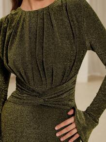 Aveloria Rosie Round Neck Pleated Design Elegant Sophisticated Alluring Satin Material Bell Sleeve Waist Cinched Long Sleeve Dress For Women, Valentines Day Spring Season